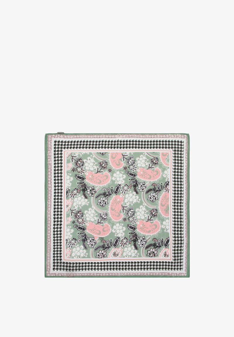 Pañuelo de seda en color verde con un patrón de paisley en rosa. Presenta acentos florales y un borde de jaquard en blanco y negro. Textura suave.