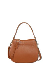 Sac à main en cuir marron de forme ronde, surface texturée, avec une courte poignée et une bandoulière détachable. Accents en métal doré.