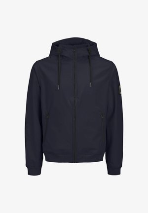 Veste à capuche bleu marine foncé avec fermeture éclair frontale, deux poches latérales zippées, poignets côtelés et cordons de serrage sur la capuche.