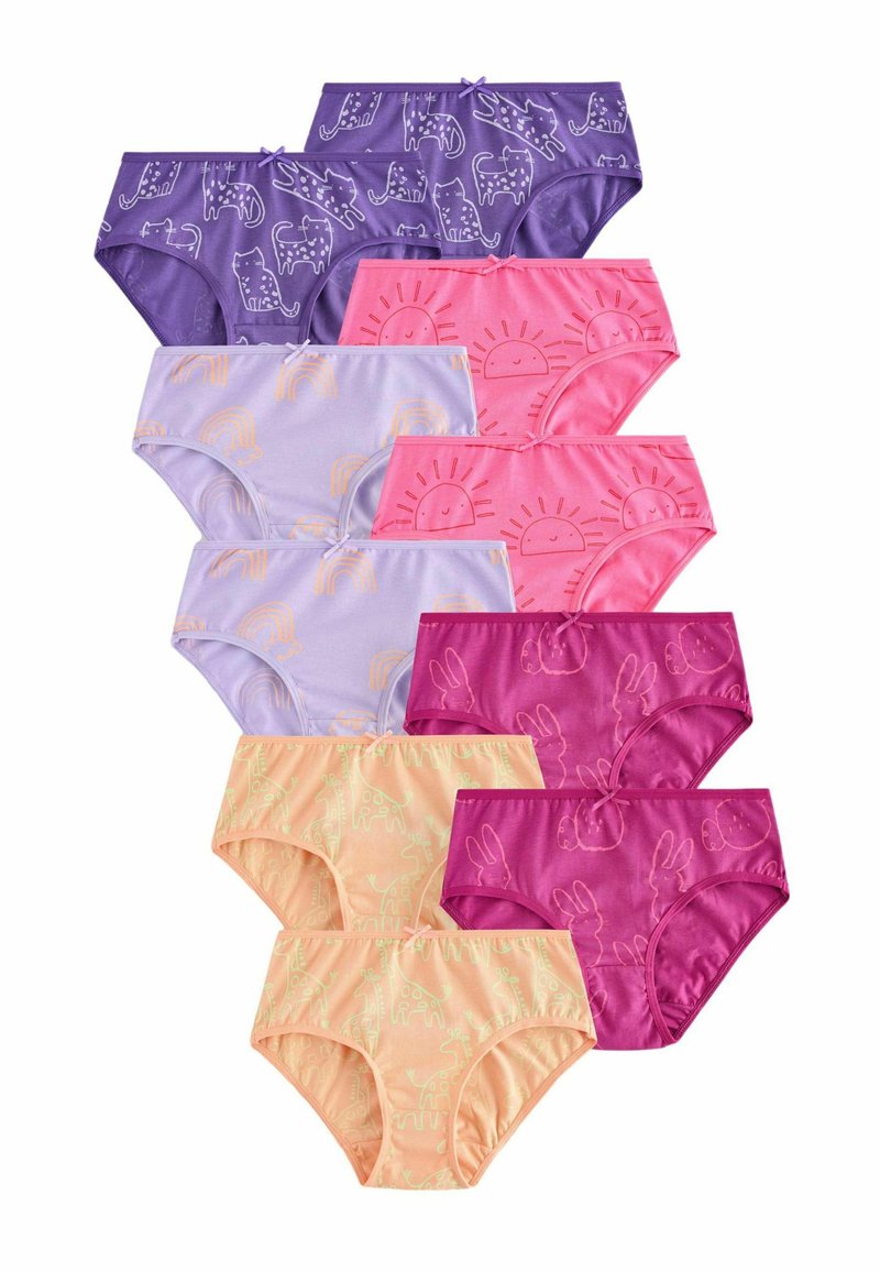 Gevarieerd assortiment katoenen onderbroekjes in paars, roze, lavendel en geel. Met dieren- en zonprints, en strikjes op de tailleband.