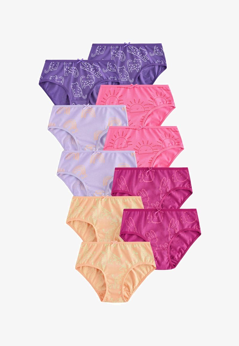 Dix paires de sous-vêtements pour enfants en violet avec des chats, rose avec des soleils, violet clair avec des arcs-en-ciel, rose foncé avec des lapins et pêche avec des girafes.