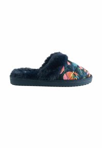 Merinova tilkkukangaskengät, joissa on pehmeä turkisvuori; kukkakuosi, jossa on vaaleanpunaista ja vihreää; kumipohja; avonainen takaosa.