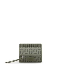 Cartera de lona verde con diseño estampado, cierre de cremallera y una etiqueta con la palabra "TOUS." Forma rectangular compacta con un acabado texturizado.