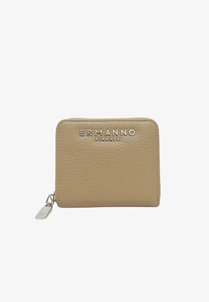 Portafoglio beige in pelle testurizzata con zip a giro, logo in metallo argentato "ERMANNO FIRENZE" e cursore della zip argentato abbinato.