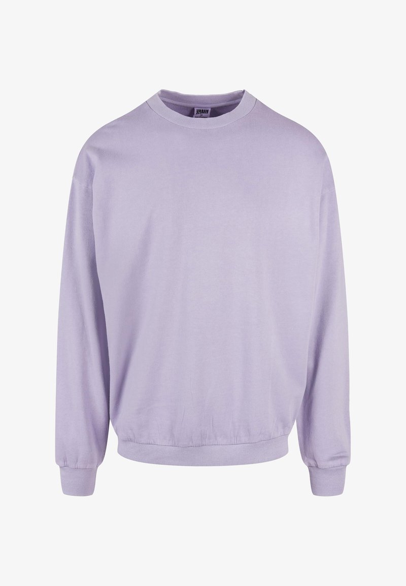 Sweat-shirt violet lavande à manches longues avec col rond, poignets et ourlet côtelés, design uni sans motifs ni logos visibles.