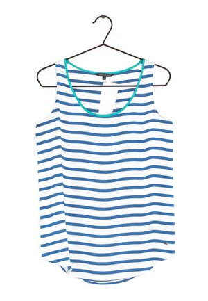 Débardeur rayé avec des rayures verticales bleues et blanches, un col arrondi orné d'un liseré turquoise, et un ourlet courbé en bas.