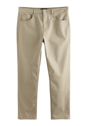 Beige katoenen chino's met een rechte pasvorm, voorzakken en een enkele knoopsluiting. Gladde textuur en nette stikdetails.
