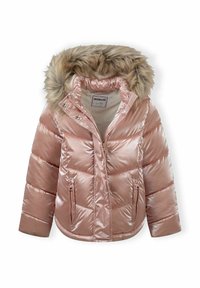 Giacca rosa puffy realizzata in materiale lucido, con cappuccio foderato in pelliccia, tasche con zip e design trapuntato con pannelli cuciti.