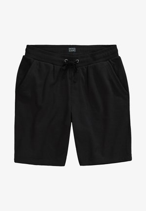Schwarze Baumwollshorts mit elastischem Bund, Kordelzugverschluss und zwei Seitentaschen. Glatte Textur, knielanger Schnitt.