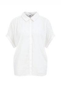 White short-sleeve shirt made of textured fabric with a button-down front. Features a classic collar and relaxed fit.