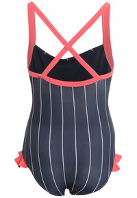 Costume da bagno intero a righe blu navy e bianche con un design a tracolla incrociata di colore corallo, caratterizzato da volant corallo sui fianchi per un tocco in più.