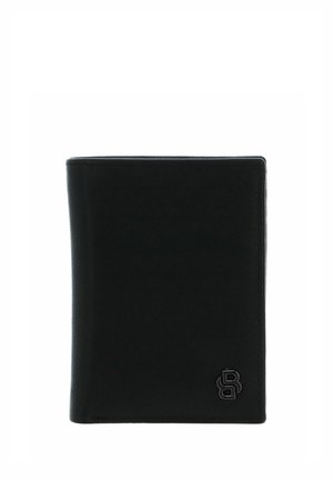 Portefeuille en cuir noir à texture lisse, forme rectangulaire, avec un logo embossé dans le coin inférieur droit.