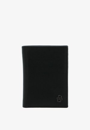 Portefeuille en cuir noir à texture lisse, forme rectangulaire, avec un logo embossé dans le coin inférieur droit.
