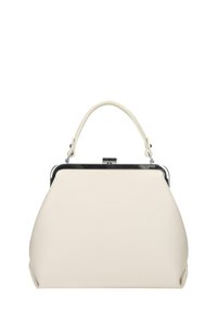 Kremowa skórzana torebka o strukturalnym kształcie z zaokrągloną podstawą, wykończona srebrną metalową ramą i zapięciem, z krótkim kremowym uchwytem.