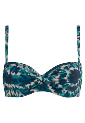 Bikini top s modro a tyrkysově zbarveným tie-dye vzorem, s kosticemi pro podporu, uzlovým detailem ve středu a tenkými nastavitelnými ramínky.