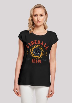 Black short-sleeve t-shirt featuring a colorful graphic design with a fiery motif and text, made from soft fabric, casual fit.