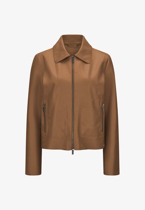 Braune Lederjacke mit Kragen, Vorderreißverschluss, zwei Reißverschlusstaschen und glatter Textur. Taillierter Schnitt mit langen Ärmeln.