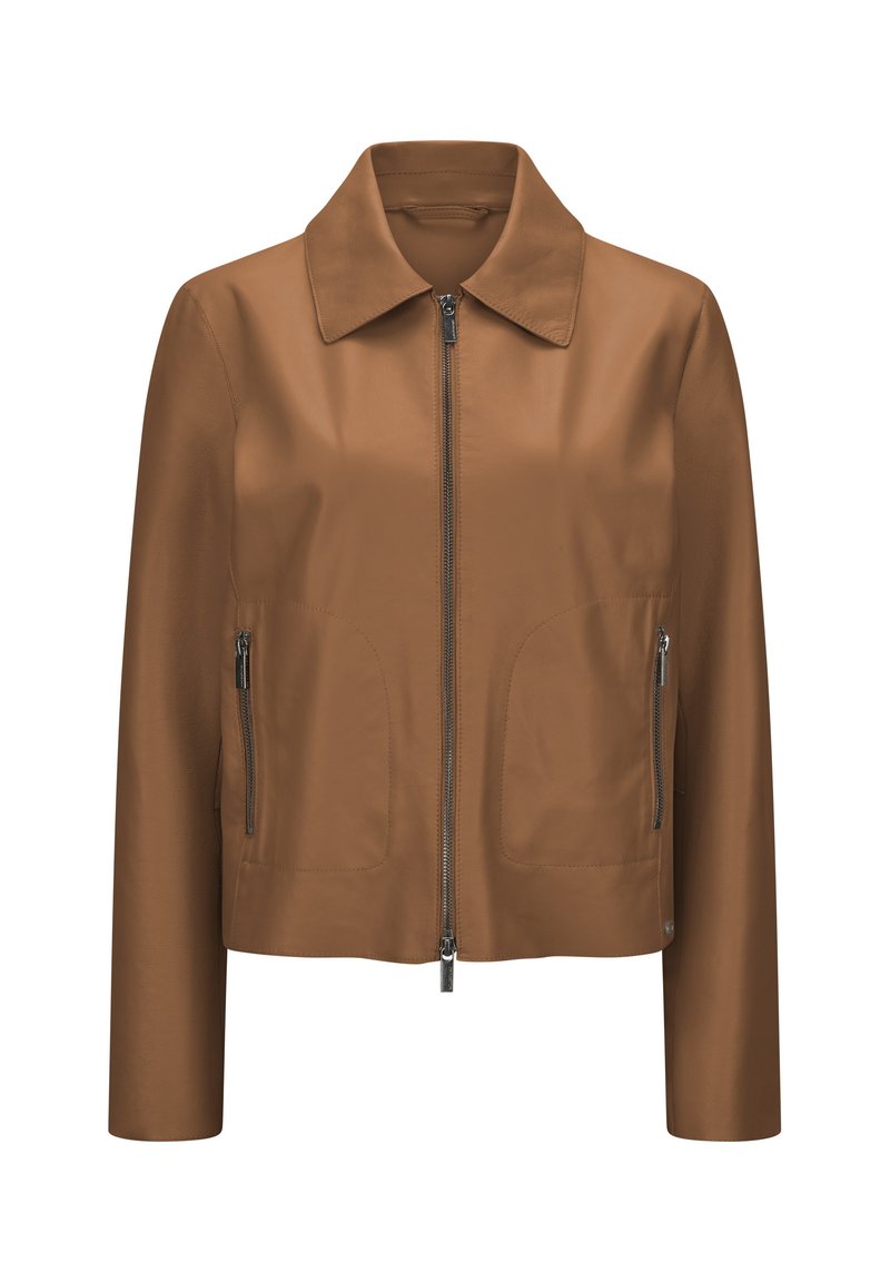 Braune Lederjacke mit Kragen, Vorderreißverschluss, zwei Reißverschlusstaschen und glatter Textur. Taillierter Schnitt mit langen Ärmeln.