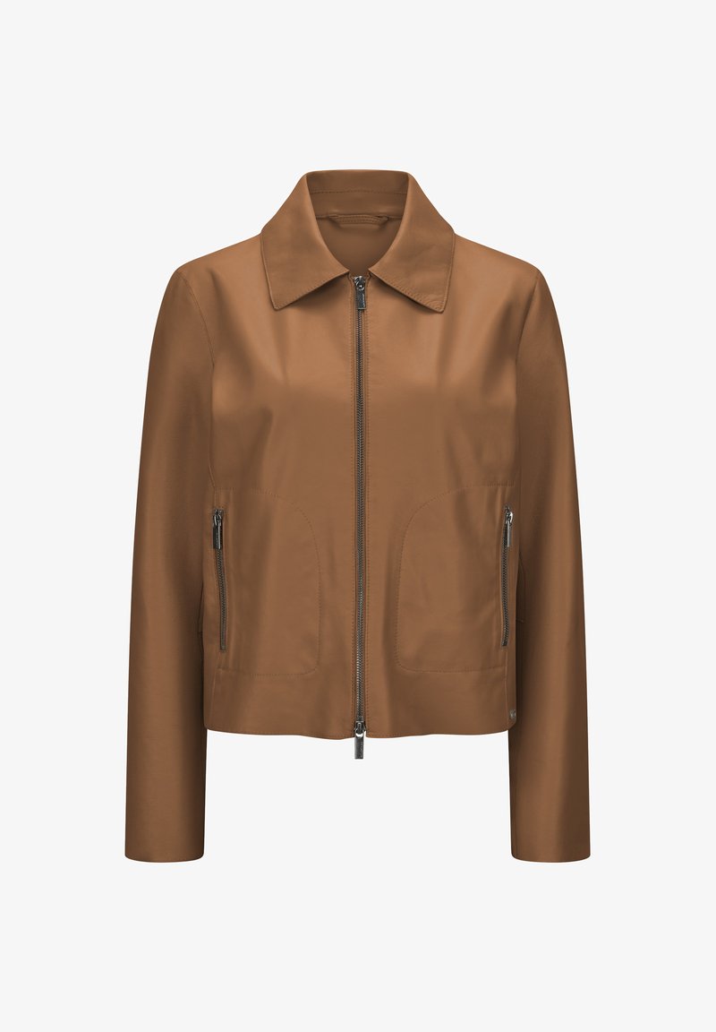 Braune Lederjacke mit Kragen, Vorderreißverschluss, zwei Reißverschlusstaschen und glatter Textur. Taillierter Schnitt mit langen Ärmeln.