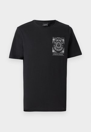 Black cotton t-shirt featuring short sleeves and a chest pocket graphic with sun design and text. Crew neckline and regular fit.