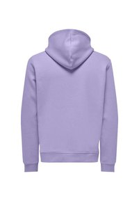 Haut à capuche violet en tissu doux ; comprend une capuche avec cordon de serrage, des manches longues et un ourlet côtelé. Texture lisse avec une couleur unie.