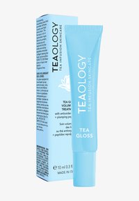 Bottiglia di gloss labbra blu chiaro con testo bianco, dotata di un tappo a vite. L'imballaggio include un cartone coordinato con descrizioni in più lingue.