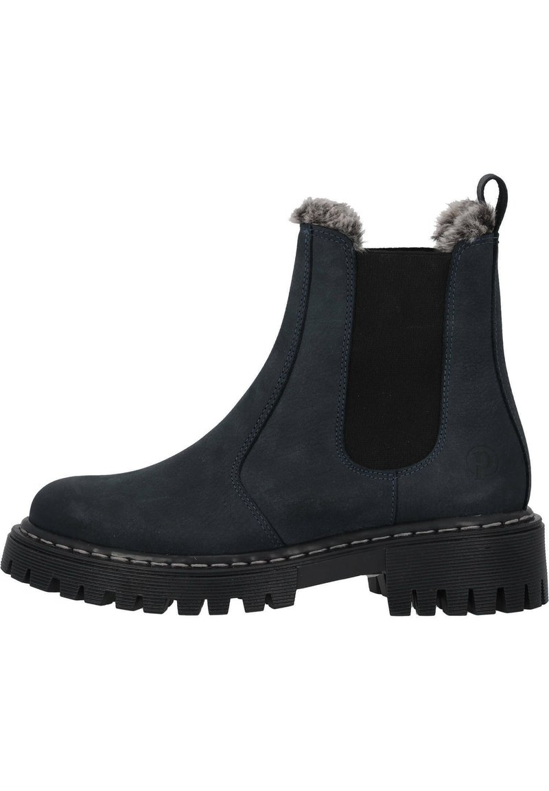 Mørkeblå Chelsea-støvler lavet af ruskind med en krave af faux pels, struktureret sort gummisål og elastiske sidepaneler for nem påtagning.