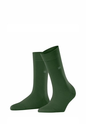 Grüne Baumwollsocken mit einem gerippten Bund und glatter Textur; haben ein dezentes Muster an den Seiten.