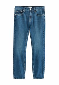 Blå denimjeans med rak passform, fem fickor, metallknappstängning och synliga sömdetaljer. Inga mönster.