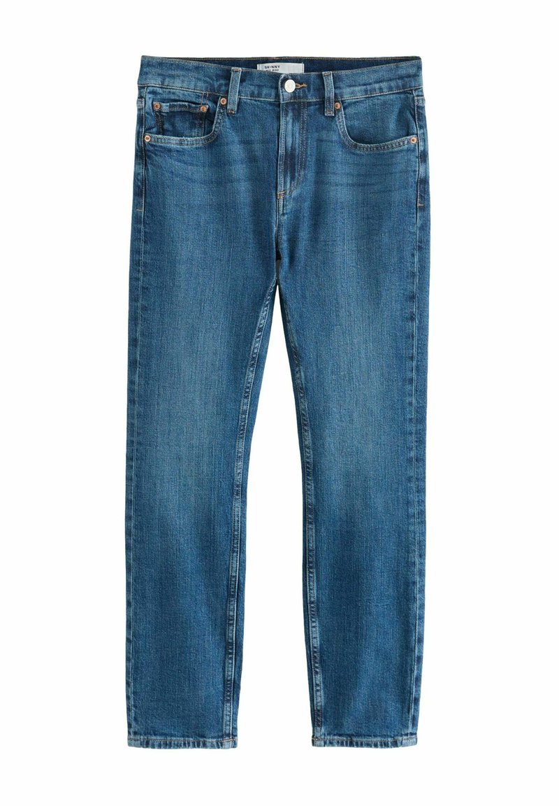 Blå denimjeans med rak passform, fem fickor, metallknappstängning och synliga sömdetaljer. Inga mönster.