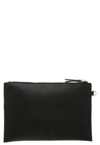 Musta suorakulmainen nahkapussi, jossa on vetoketjusuljin ja pieni metallirengas sivulla.