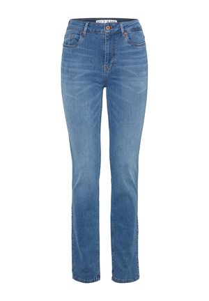 Zilas taisnas bikses ar klasiskām piecām kabatām, pogu aizdari un nelielu izbalēšanu augšstilbos un ceļos.