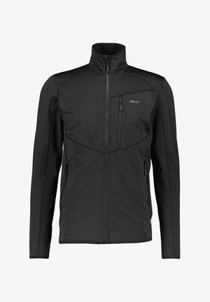 Chaqueta negra con cremallera completa, cuello alto, tres bolsillos con cremallera y una textura horizontal sutil, con la marca "me'ru" en el pecho.