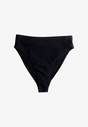 Czarne figi bikini o wysokim stanie z szerokim pasem i gładkim, bezszwowym wykończeniem, pokazane na białym tle.