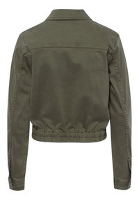 Oliven grøn cropped jakke lavet af bomuld, med krave, lange ærmer, elastisk kant og enkle syninger på ryggen.