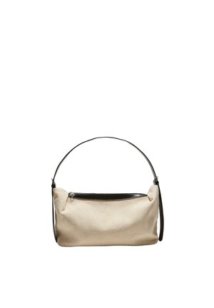 Beige skuldertaske i stof med sort læderrem og toplynlås, enkel og let slap rektangulær form.