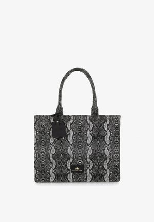 Black and gray snake print tote bag with two sturdy handles, a tag with hardware accents, and a logo plaque on the front. Textured fabric.