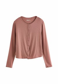 Langærmet top i støvet rosa, ribbet tekstur, rund halsudskæring, frontknaplukning med seks knapper, afslappet pasform, blødt materiale.