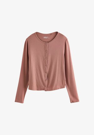 Langsleeve top in stoffige rozenkleur, geribbelde textuur, ronde halslijn, voorknopen met zes knopen, relaxte pasvorm, zacht materiaal.
