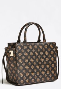 Sac en cuir noir texturé avec un motif doré répétitif, deux anses robustes, une forme carrée et une bandoulière amovible.