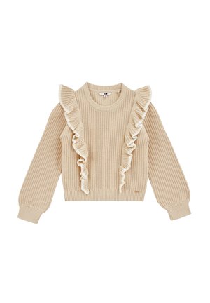 Maglione beige lavorato a maglia con maniche lunghe e dettagli arricciati che corrono verticalmente lungo il davanti, dalle spalle all'orlo.