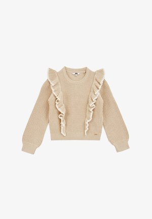 Maglione beige lavorato a maglia con maniche lunghe e dettagli arricciati che corrono verticalmente lungo il davanti, dalle spalle all'orlo.