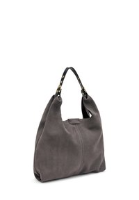 Borsa in suede grigia con forma curva, manici in pelle nera con finiture dorate e logo ricamato sul davanti.