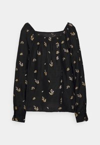 Blusa preta com mangas longas, decote quadrado e corpete franzido. Apresenta bordados florais em amarelo e rosa por toda a peça.
