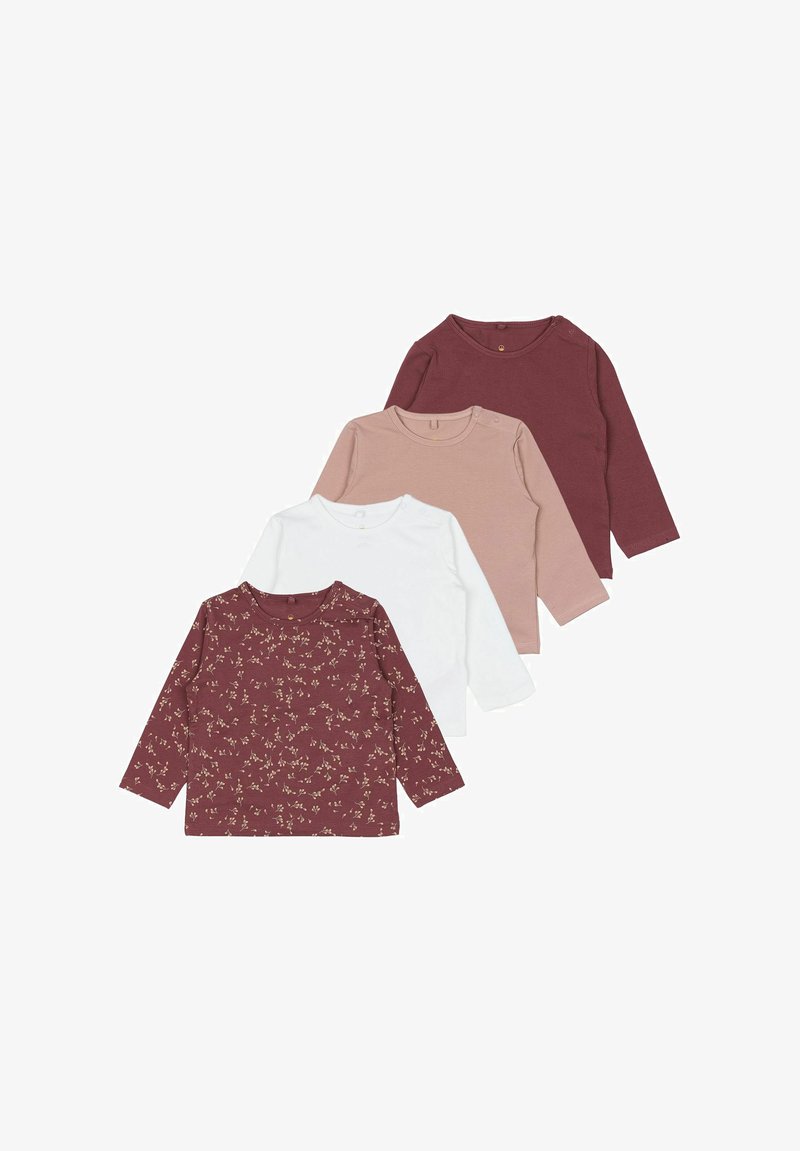 Vier langärmelige Hemden gestapelt: burgunderrotes Blumenmuster, weiß, zartes Rosa und dunkelburgunderrot. Glattes Baumwollmaterial, runde Ausschnitte, Knopfdetails.