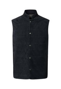 Mornarski bezrukavni prsluk od meke zamjene kože, s visokim ovratnikom, središnjim dugmadi na naplitak i dva bočna džepa s kontrastnim rubovima.