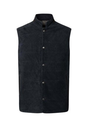 Marineblauwe mouwloze vest van zacht suede, met een hoge kraag, centrale drukknoopsluiting en twee zijvakken met contrasterende bies.