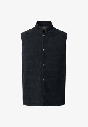 Marineblauwe mouwloze vest van zacht suede, met een hoge kraag, centrale drukknoopsluiting en twee zijvakken met contrasterende bies.