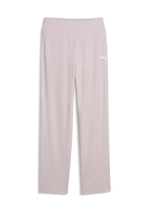 Pantalon droit en maille côtelée rose clair avec taille élastique et logo Puma blanc sur la hanche gauche.