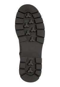 Zwarte rubberen laarszool met een robuust loopvlakpatroon met diepe groeven en driehoekige noppen voor verbeterde grip. Glad afgewerkte rand.